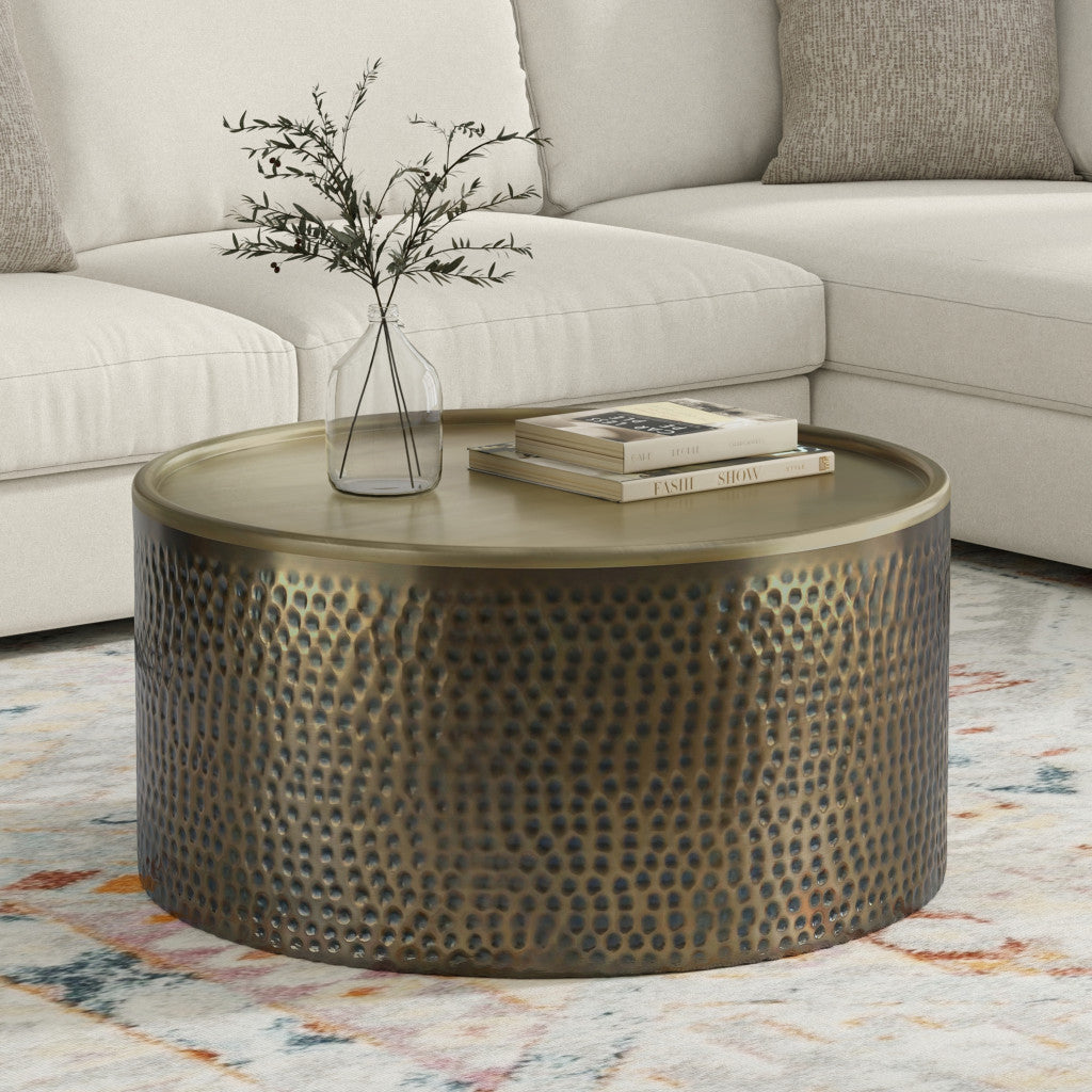 MALIBU 32" ANTIQUED GOLD IRON ROUND SOLID COFFEE TABLE - Varnish & Vibe