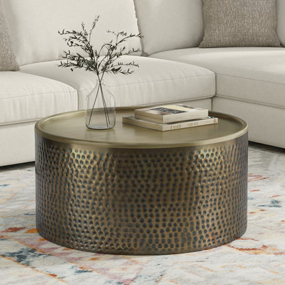 MALIBU 32" ANTIQUED GOLD IRON ROUND SOLID COFFEE TABLE - Varnish & Vibe