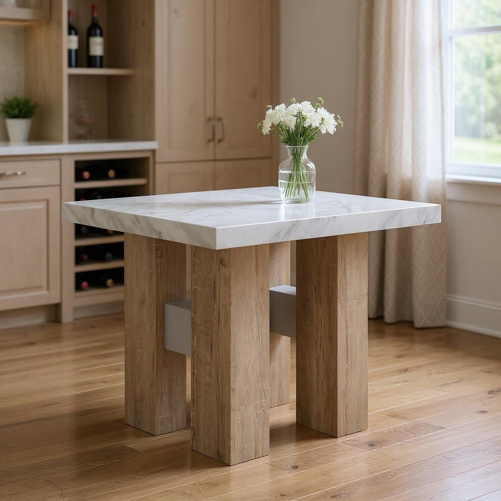 MALIBU 48" WHITE AND NATURAL WOOD AND FAUX MARBLE SQUARE COUNTER HEIGHT BAR TABLE - Varnish & Vibe