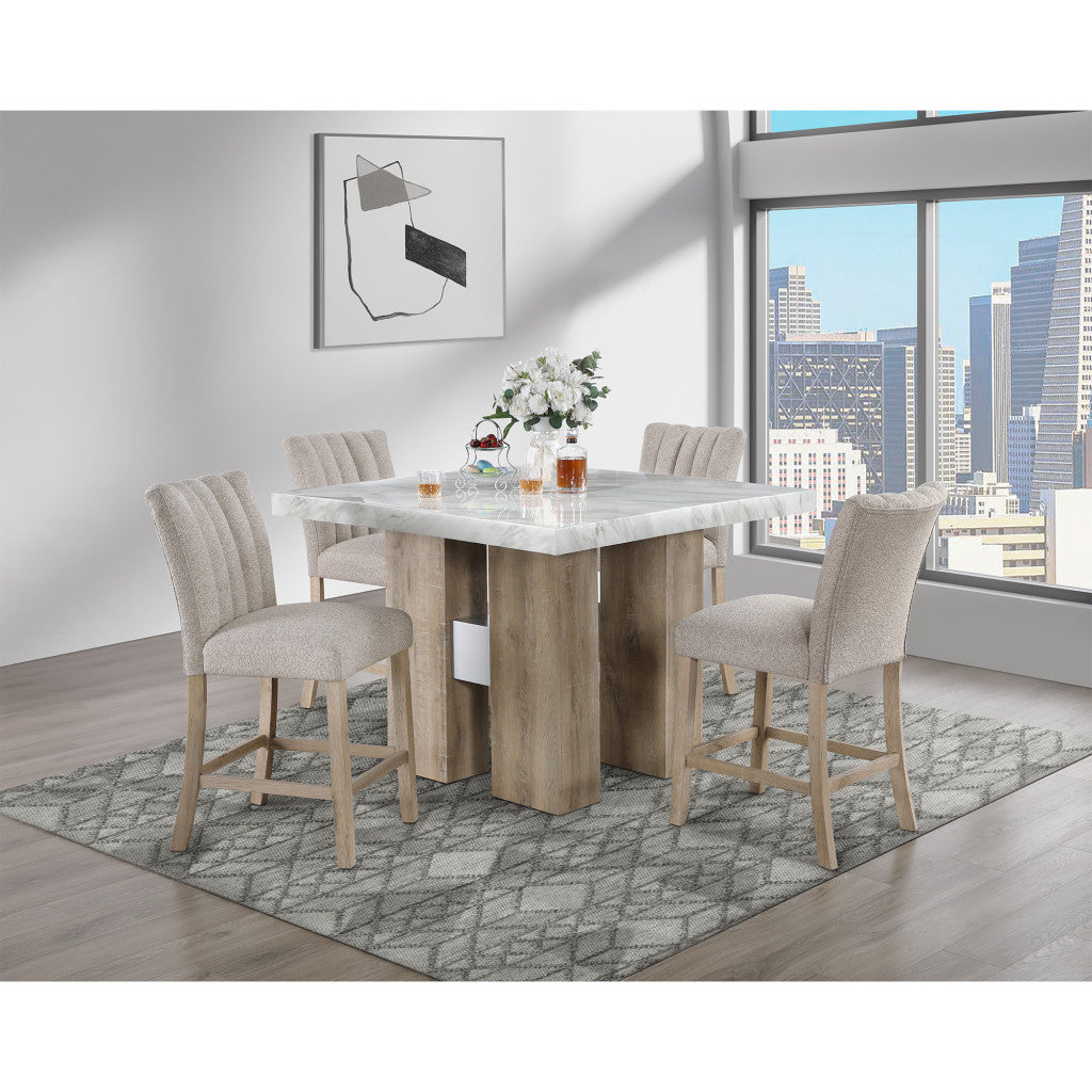 MALIBU 48" WHITE AND NATURAL WOOD AND FAUX MARBLE SQUARE COUNTER HEIGHT BAR TABLE - Varnish & Vibe