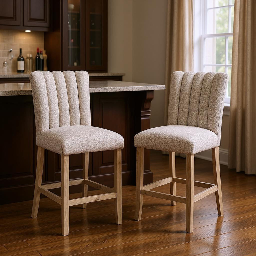 PALISADES SET OF TWO 26" BEIGE AND NATURAL FABRIC AND WOOD BAR HEIGHT BAR CHAIRS - Varnish & Vibe