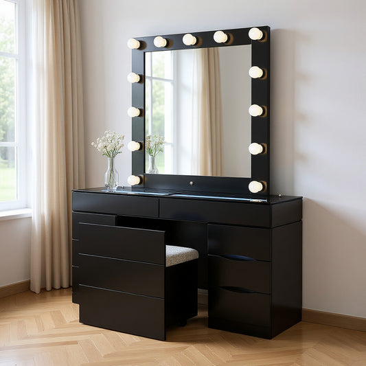 62" BLACK VANITY WITH MIRROR SEATING AND LIGHTS