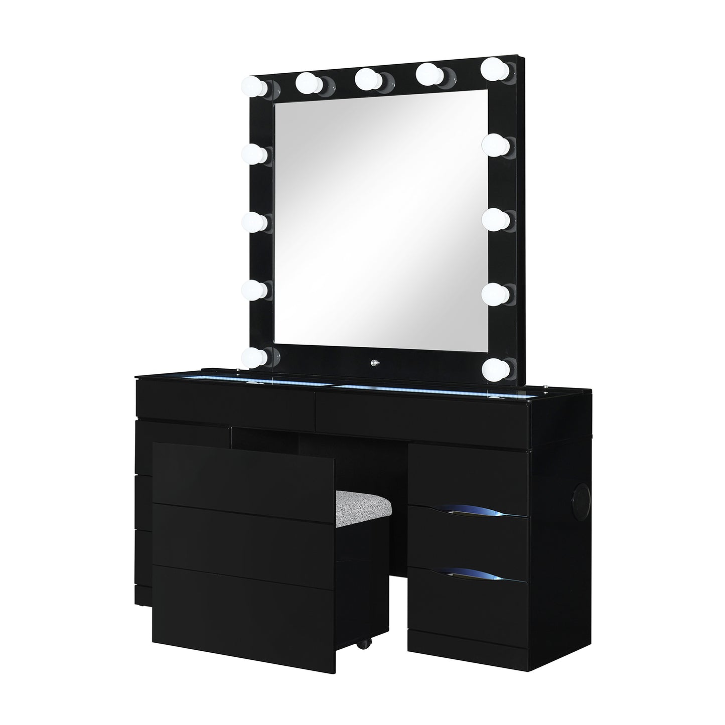 62" BLACK VANITY WITH MIRROR SEATING AND LIGHTS