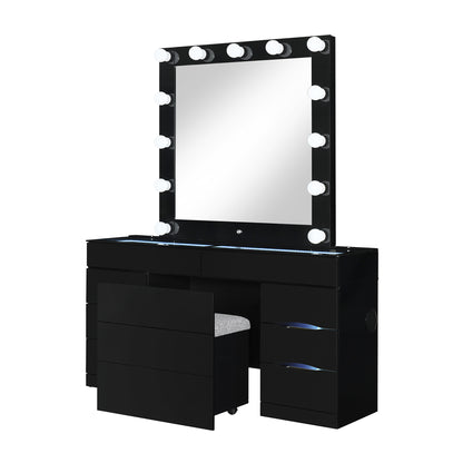 62" BLACK VANITY WITH MIRROR SEATING AND LIGHTS