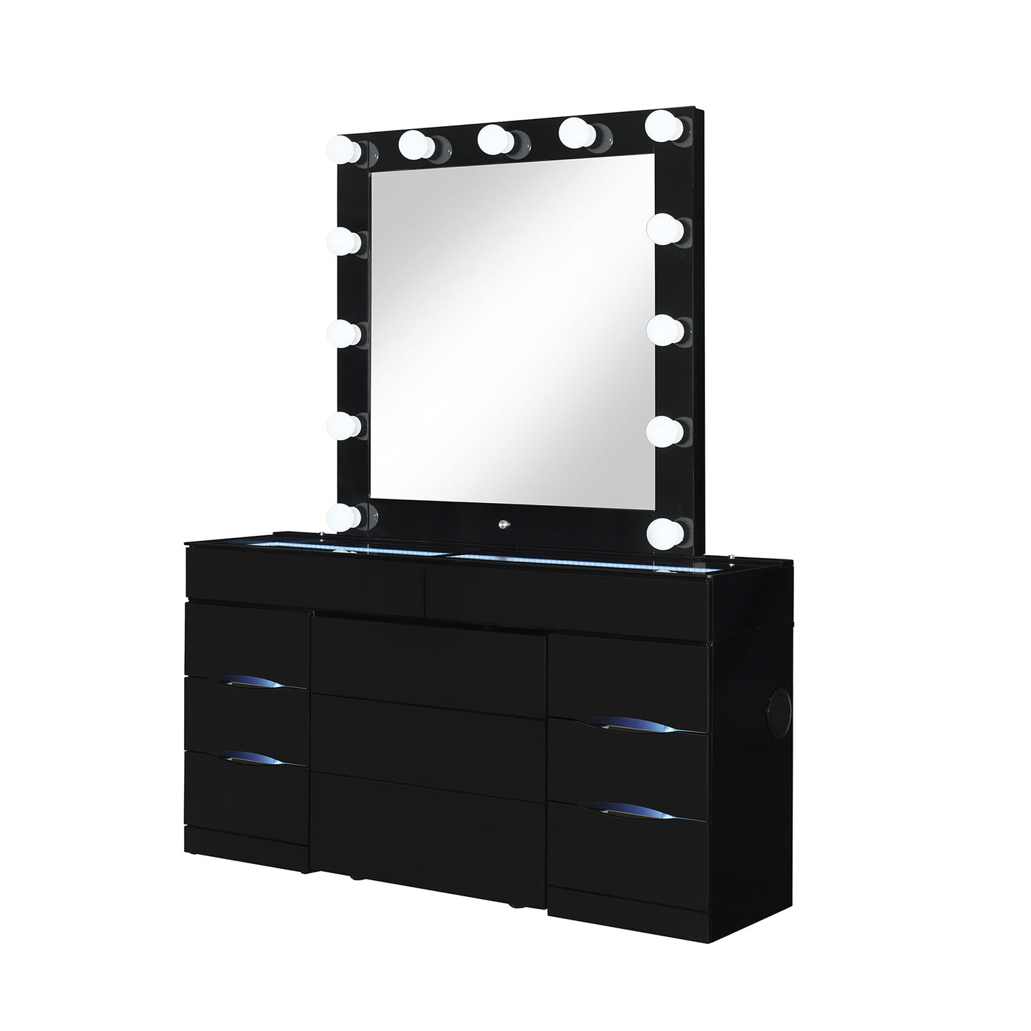 62" BLACK VANITY WITH MIRROR SEATING AND LIGHTS