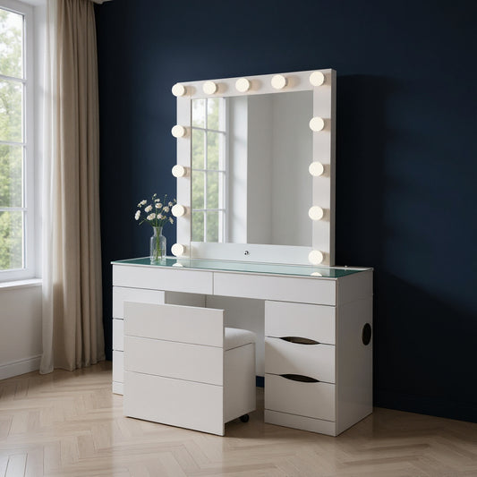62" WHITE VANITY WITH MIRROR SEATING AND LIGHTS