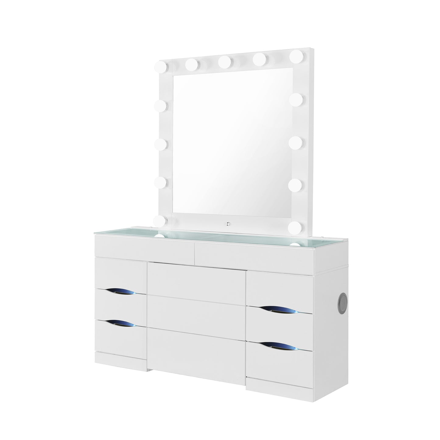 62" WHITE VANITY WITH MIRROR SEATING AND LIGHTS