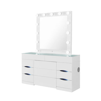 62" WHITE VANITY WITH MIRROR SEATING AND LIGHTS