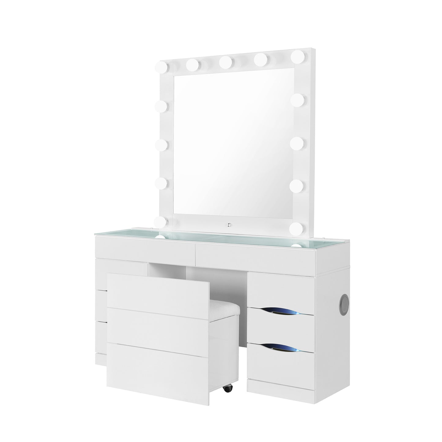 62" WHITE VANITY WITH MIRROR SEATING AND LIGHTS