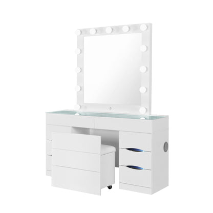 62" WHITE VANITY WITH MIRROR SEATING AND LIGHTS