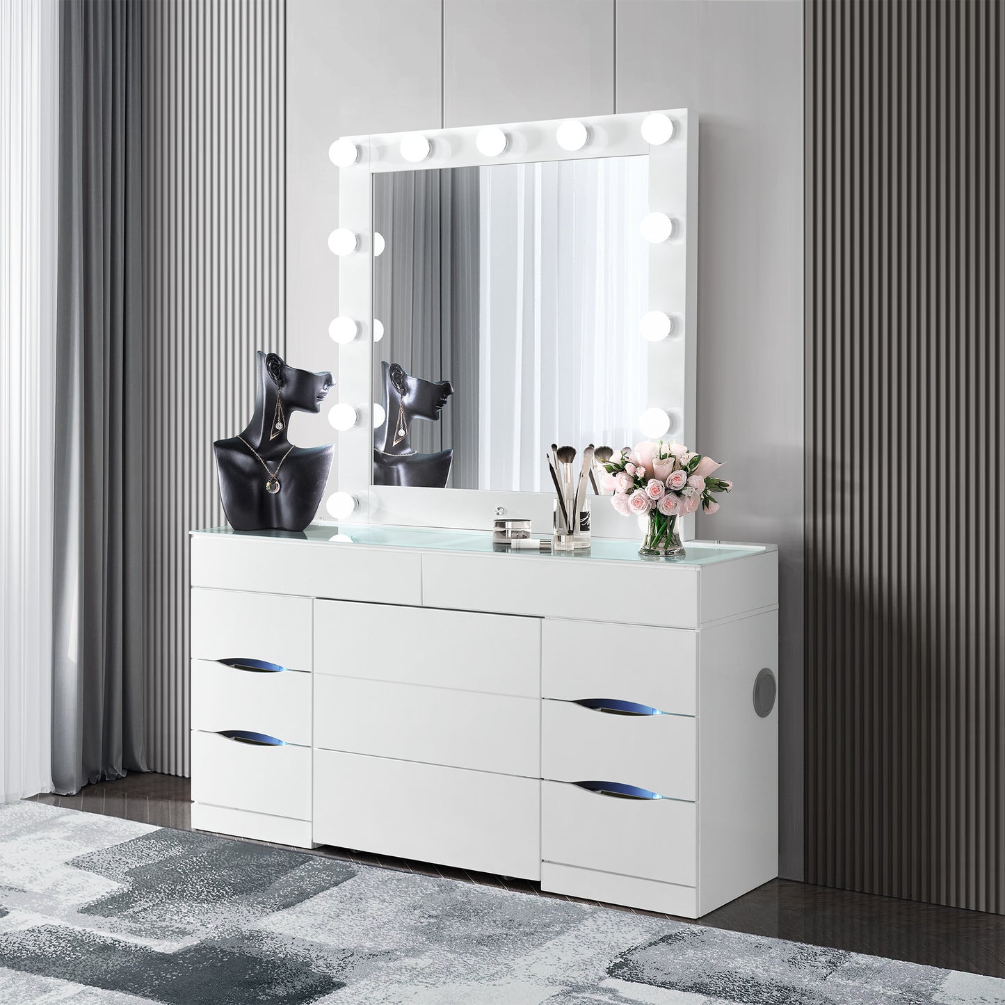 62" WHITE VANITY WITH MIRROR SEATING AND LIGHTS