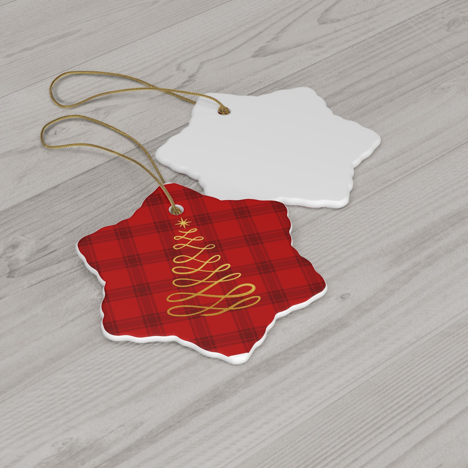 Red Tartan Christmas Tree Ceramic Ornament, 4 Shapes - Varnish & Vibe