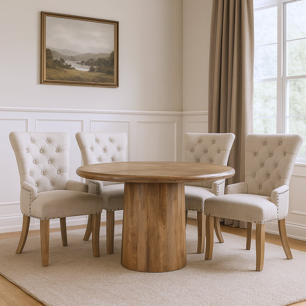 PALISADES FIVE PIECE BROWN ROUND SOLID WOOD DINING SET WITH FOUR CHAIRS - Varnish & Vibe