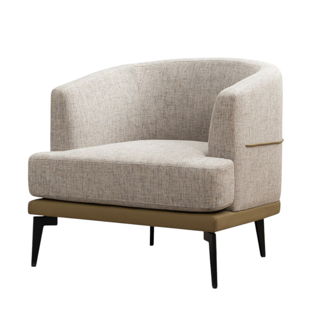 29" BEIGE CAMEL AND BLACK TUFTED LINEN SOLID AND MANUFACTURED WOOD BARREL CHAIR - Varnish & Vibe