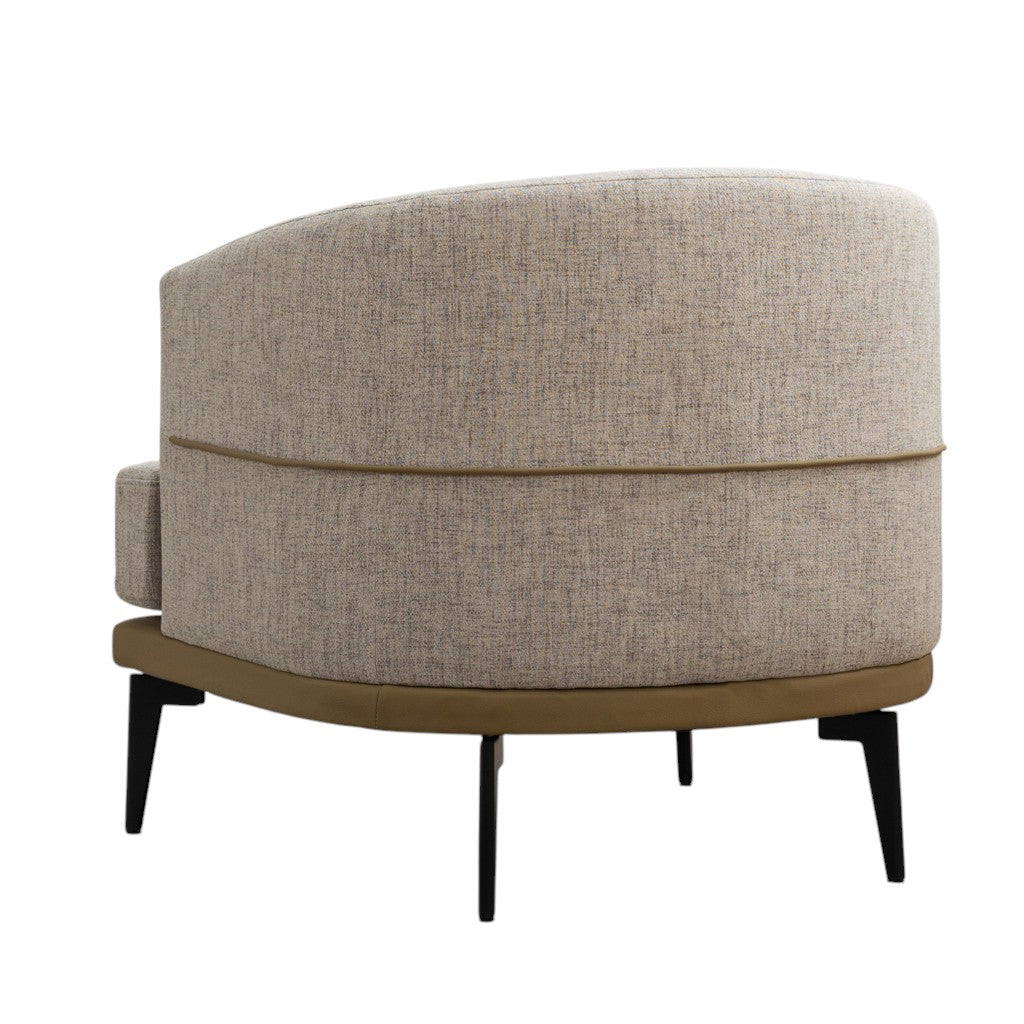 29" BEIGE CAMEL AND BLACK TUFTED LINEN SOLID AND MANUFACTURED WOOD BARREL CHAIR - Varnish & Vibe