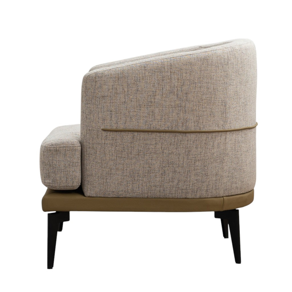 29" BEIGE CAMEL AND BLACK TUFTED LINEN SOLID AND MANUFACTURED WOOD BARREL CHAIR - Varnish & Vibe