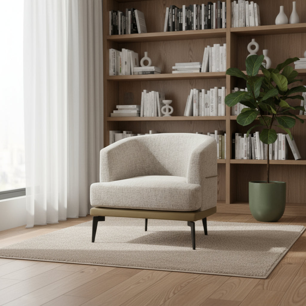 29" BEIGE CAMEL AND BLACK TUFTED LINEN SOLID AND MANUFACTURED WOOD BARREL CHAIR - Varnish & Vibe