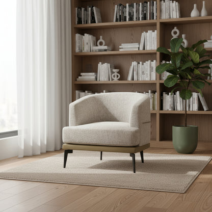 29" BEIGE CAMEL AND BLACK TUFTED LINEN SOLID AND MANUFACTURED WOOD BARREL CHAIR - Varnish & Vibe