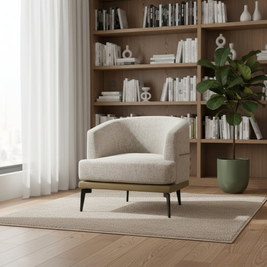 29" BEIGE CAMEL AND BLACK TUFTED LINEN SOLID AND MANUFACTURED WOOD BARREL CHAIR