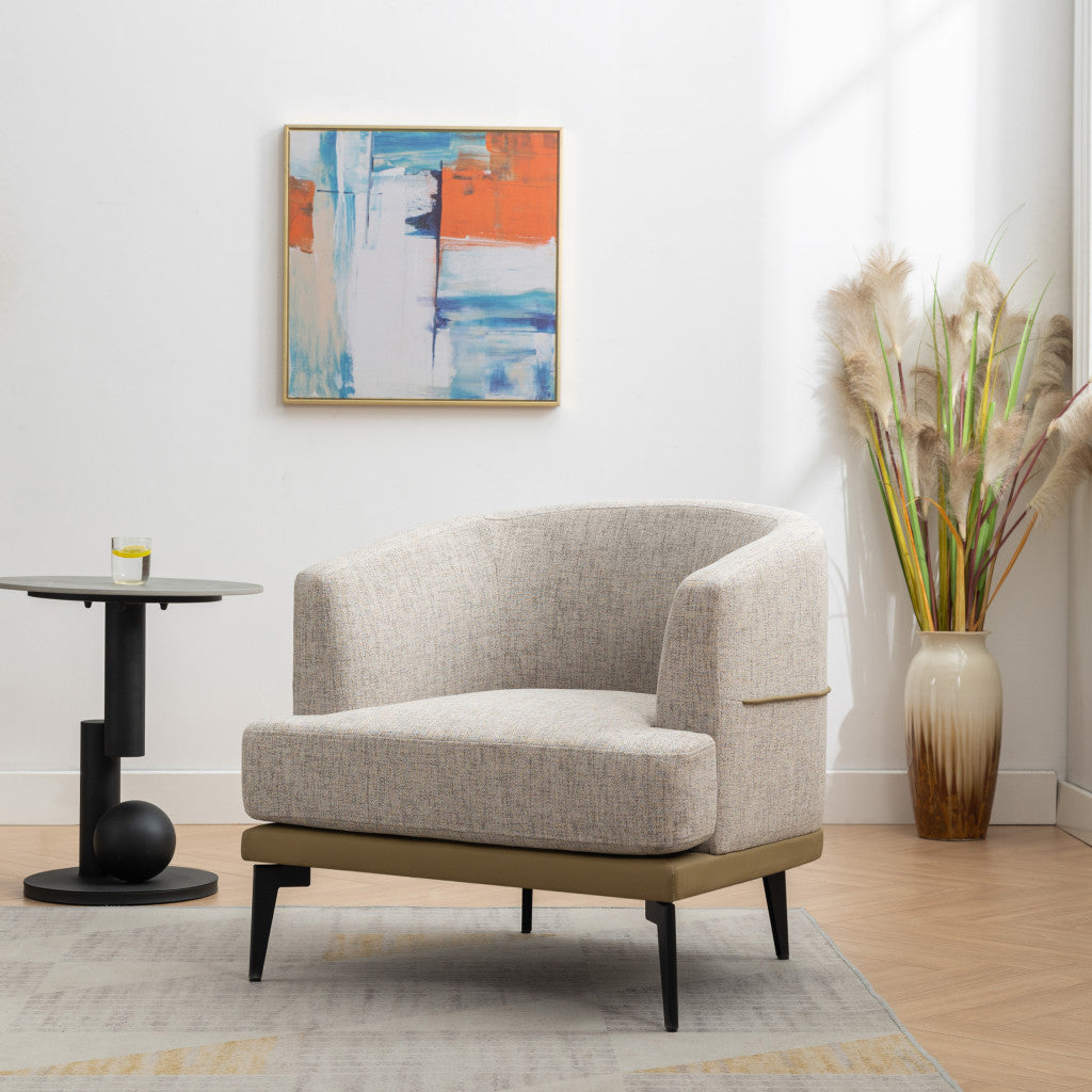 29" BEIGE CAMEL AND BLACK TUFTED LINEN SOLID AND MANUFACTURED WOOD BARREL CHAIR - Varnish & Vibe
