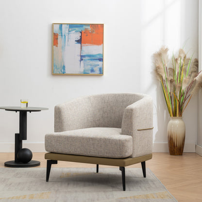 29" BEIGE CAMEL AND BLACK TUFTED LINEN SOLID AND MANUFACTURED WOOD BARREL CHAIR - Varnish & Vibe