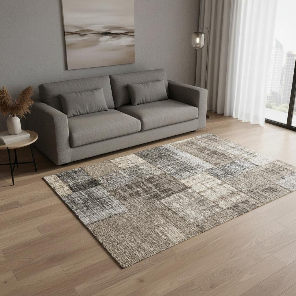 PALISADES 5' X 8' GRAY CREAM AND TAN ABSTRACT AREA RUG - Varnish & Vibe