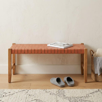 MALIBU 48" TAN AND BROWN FAUX LEATHER AND SOLID WOOD UPHOLSTERED BENCH - Varnish & Vibe