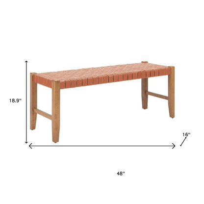 leather solid wood upholstered bench, solid wood upholstered bench, wood upholstered bench, 48" tan brown faux leather, tan brown faux leather solid