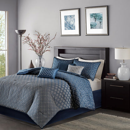 CALABASAS SET OF SEVEN NAVY BLUE AND IVORY OMBRE KING RING STITCH POLYESTER SHAM AND COMFORTER - Varnish & Vibe