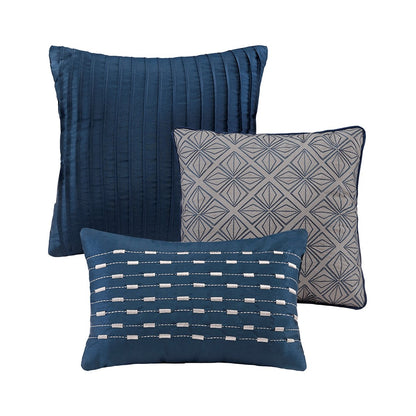 CALABASAS SET OF SEVEN NAVY BLUE AND IVORY OMBRE KING RING STITCH POLYESTER SHAM AND COMFORTER - Varnish & Vibe