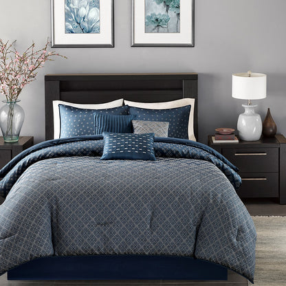 CALABASAS SET OF SEVEN NAVY BLUE AND IVORY OMBRE KING RING STITCH POLYESTER SHAM AND COMFORTER - Varnish & Vibe