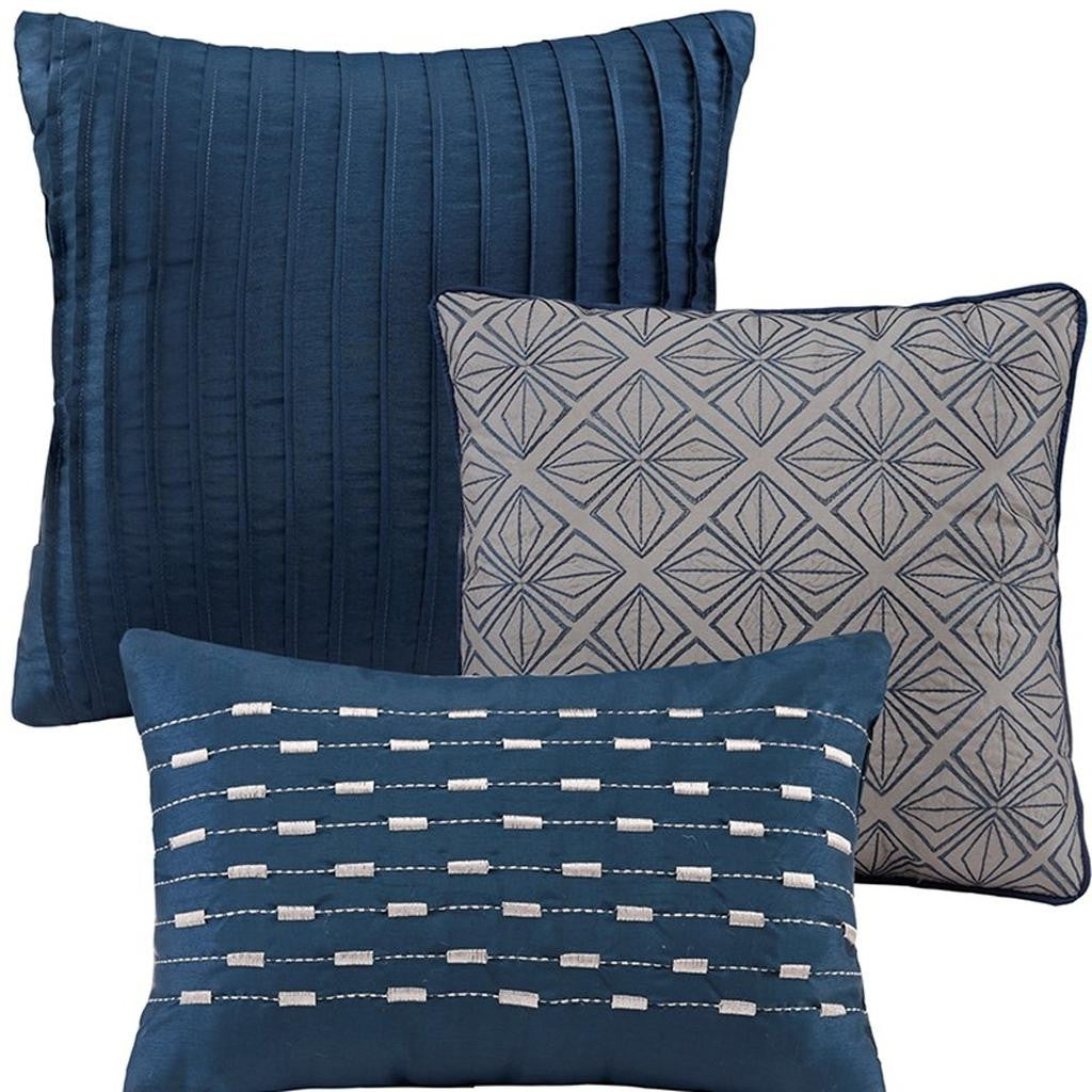 CALABASAS SET OF SEVEN NAVY BLUE AND IVORY OMBRE KING RING STITCH POLYESTER SHAM AND COMFORTER - Varnish & Vibe