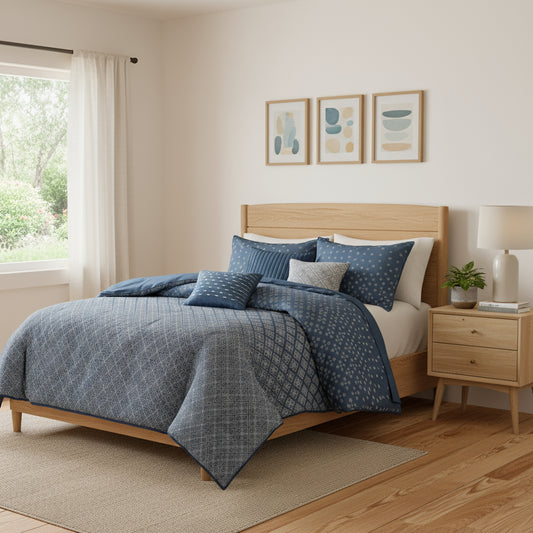 CALABASAS SET OF SEVEN NAVY BLUE AND IVORY OMBRE KING RING STITCH POLYESTER SHAM AND COMFORTER - Varnish & Vibe