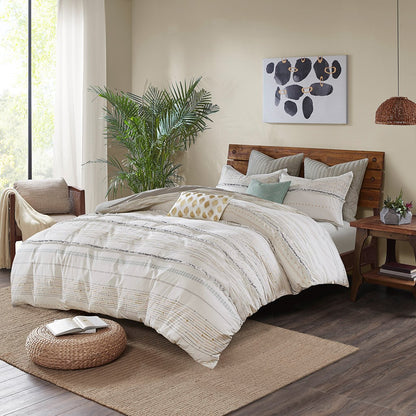 CALABASAS SET OF THREE OFF WHITE AND GRAY STRIPED KING RING STITCH SHAM AND COMFORTER - Varnish & Vibe