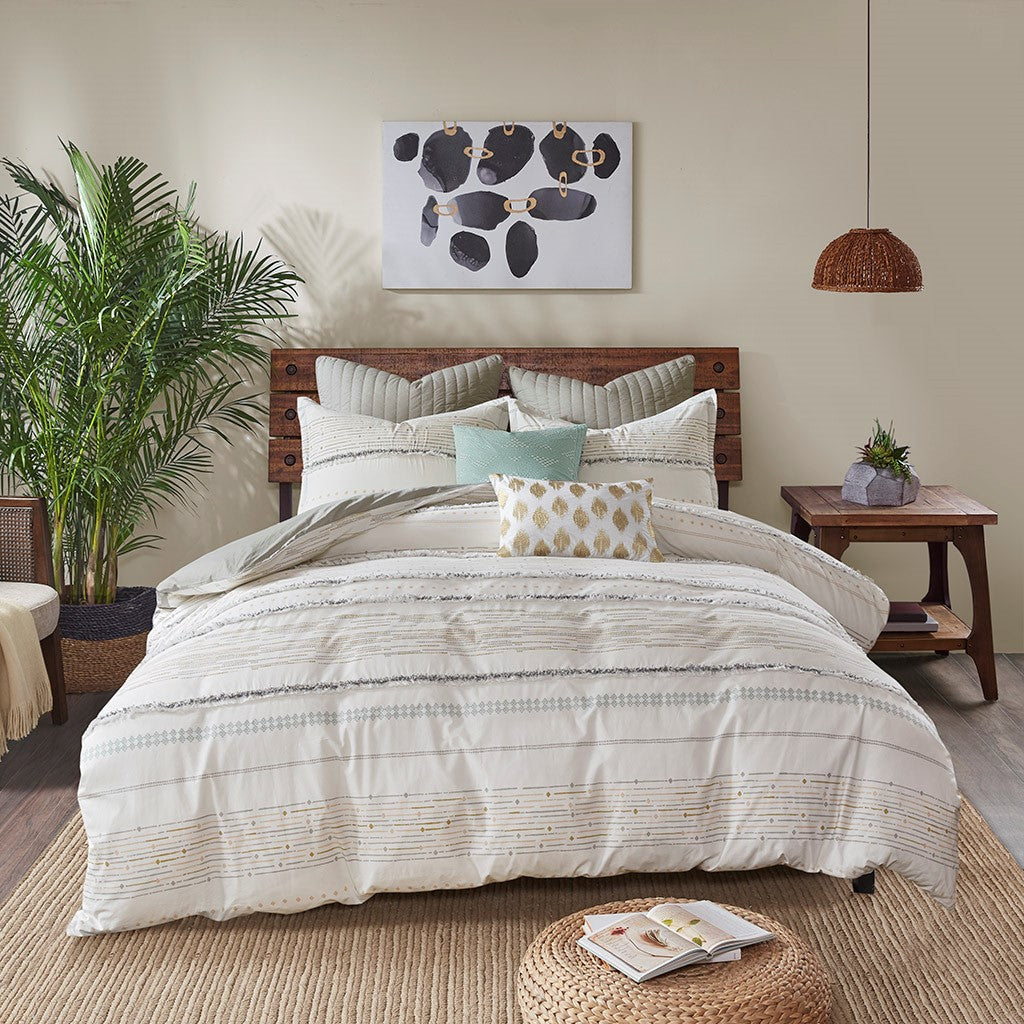 CALABASAS SET OF THREE OFF WHITE AND GRAY STRIPED KING RING STITCH SHAM AND COMFORTER - Varnish & Vibe