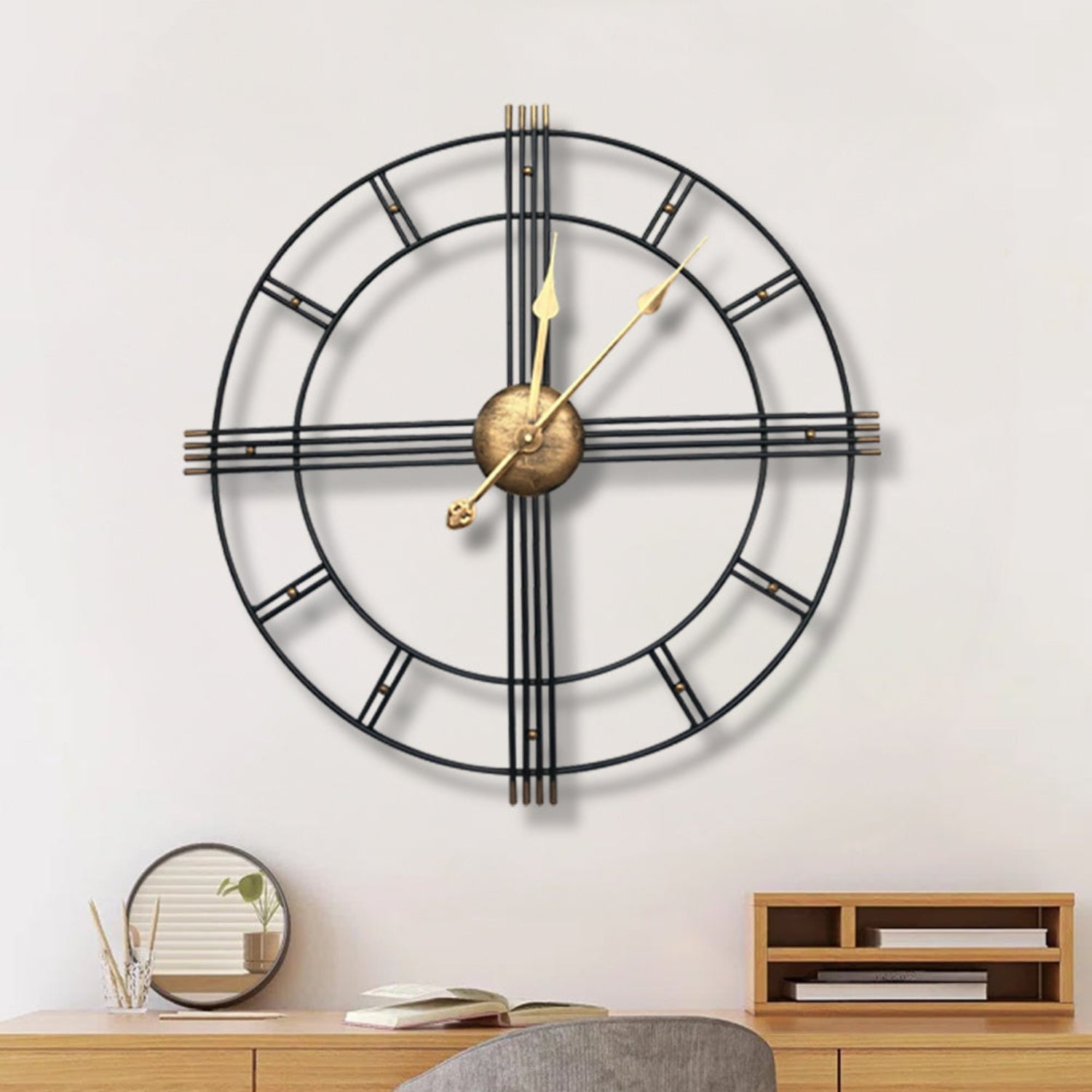 24" BEIGE BLACK AND BROWN SILENT ANALOG ROUND WALL CLOCK - Varnish & Vibe
