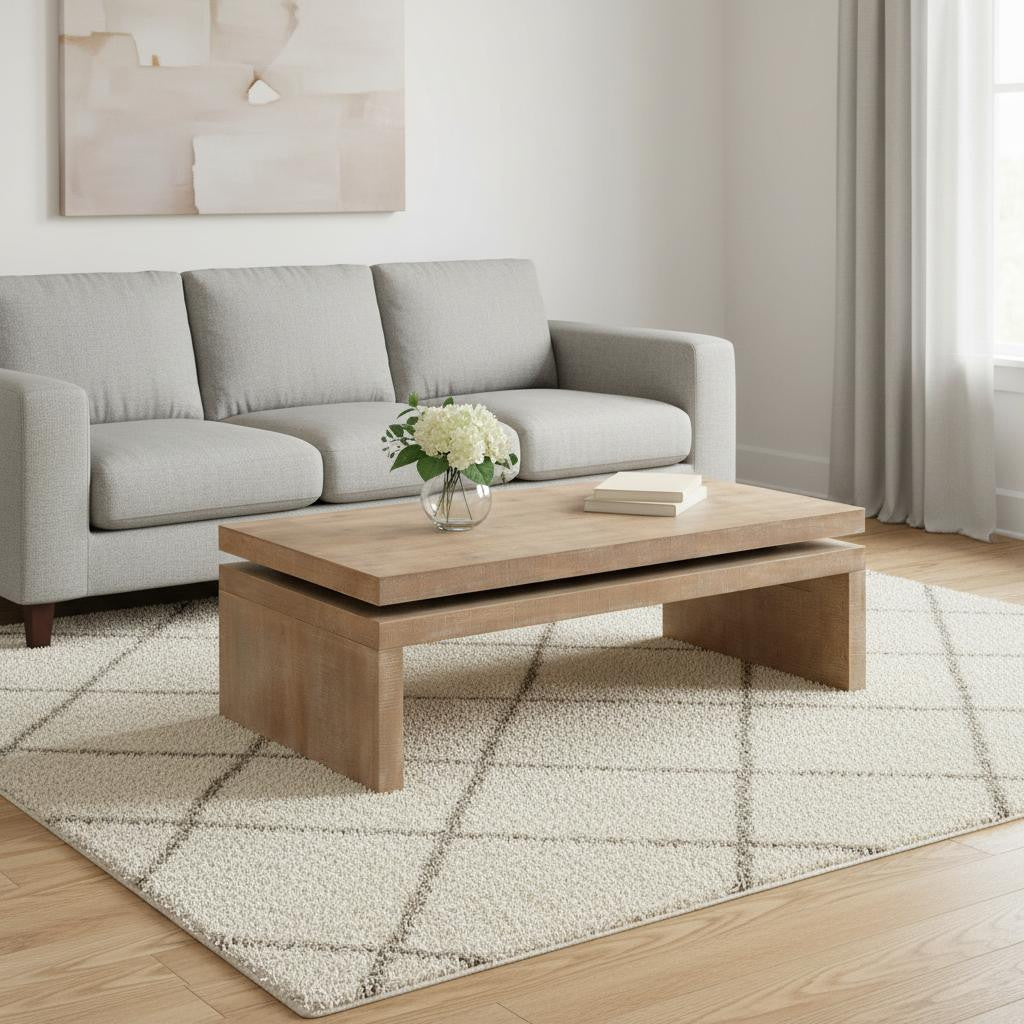 MALIBU 48" NATURAL WOOD DISTRESSED FLOATING FRAME COFFEE TABLE - Varnish & Vibe