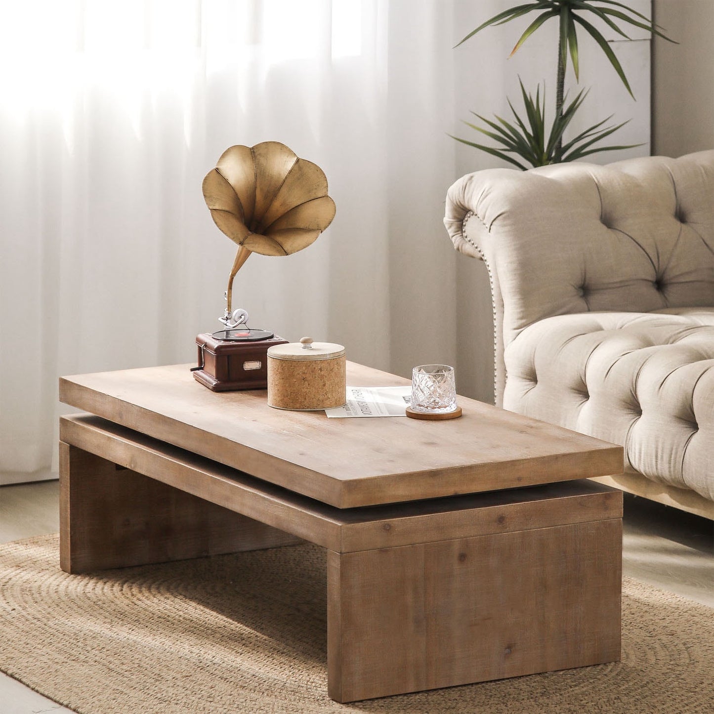MALIBU 48" NATURAL WOOD DISTRESSED FLOATING FRAME COFFEE TABLE - Varnish & Vibe