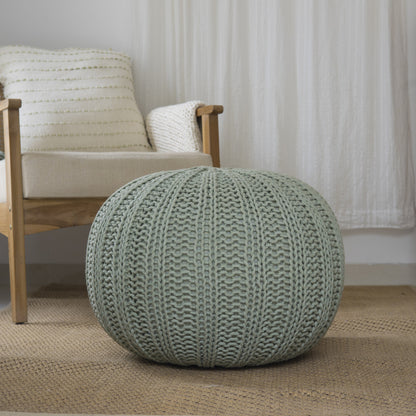 20" GREEN COTTON CABLE KNIT ROUND POUF OTTOMAN
