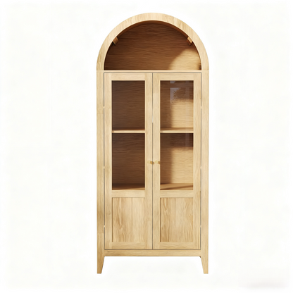 CALABASAS 71" NATURAL ARCHED ACCENT CABINET WITH TWO GLASS PANEL DOORS - Varnish & Vibe