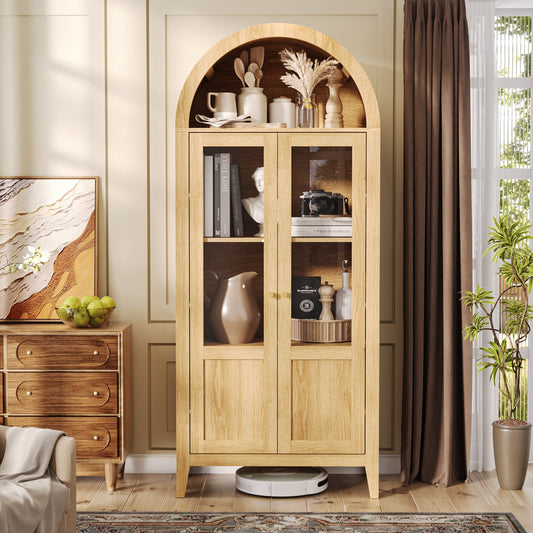 CALABASAS 71" NATURAL ARCHED ACCENT CABINET WITH TWO GLASS PANEL DOORS - Varnish & Vibe