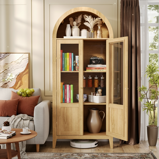 CALABASAS 71" NATURAL ARCHED ACCENT CABINET WITH TWO GLASS PANEL DOORS - Varnish & Vibe