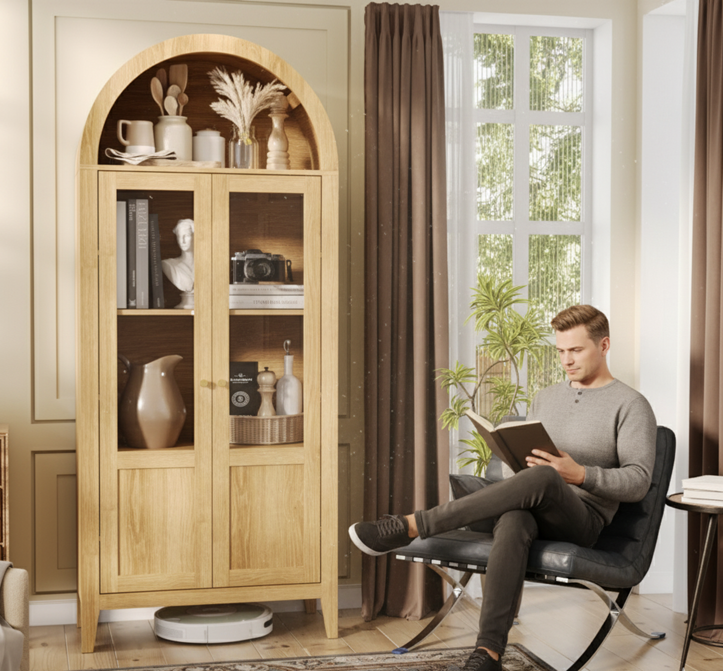 CALABASAS 71" NATURAL ARCHED ACCENT CABINET WITH TWO GLASS PANEL DOORS - Varnish & Vibe