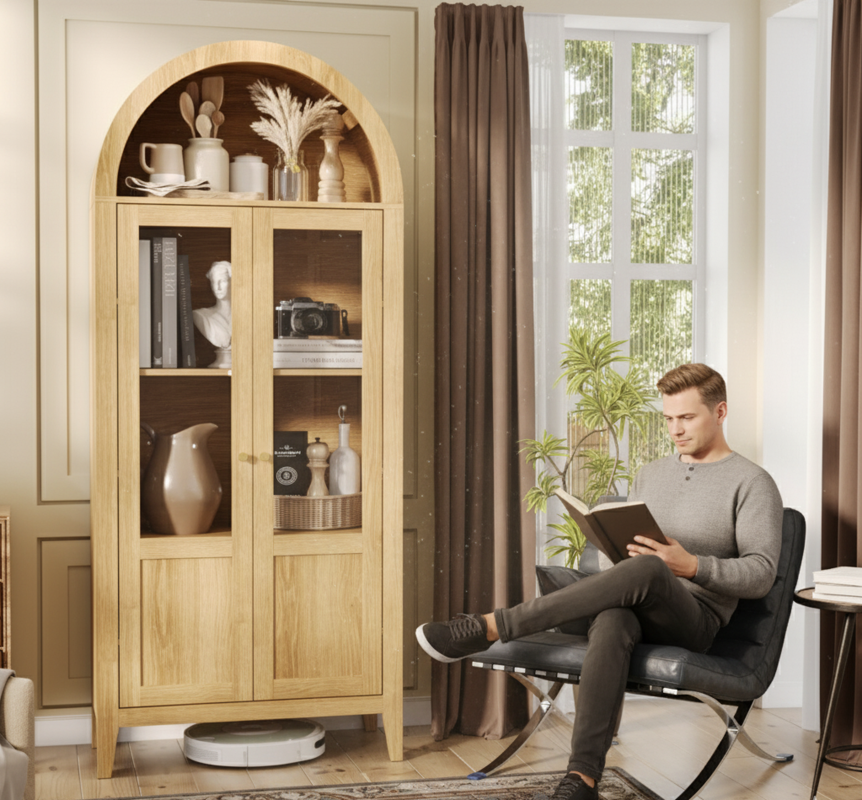 CALABASAS 71" NATURAL ARCHED ACCENT CABINET WITH TWO GLASS PANEL DOORS - Varnish & Vibe