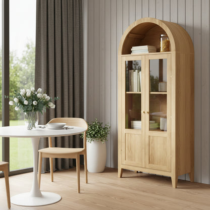 CALABASAS 71" NATURAL ARCHED ACCENT CABINET WITH TWO GLASS PANEL DOORS - Varnish & Vibe