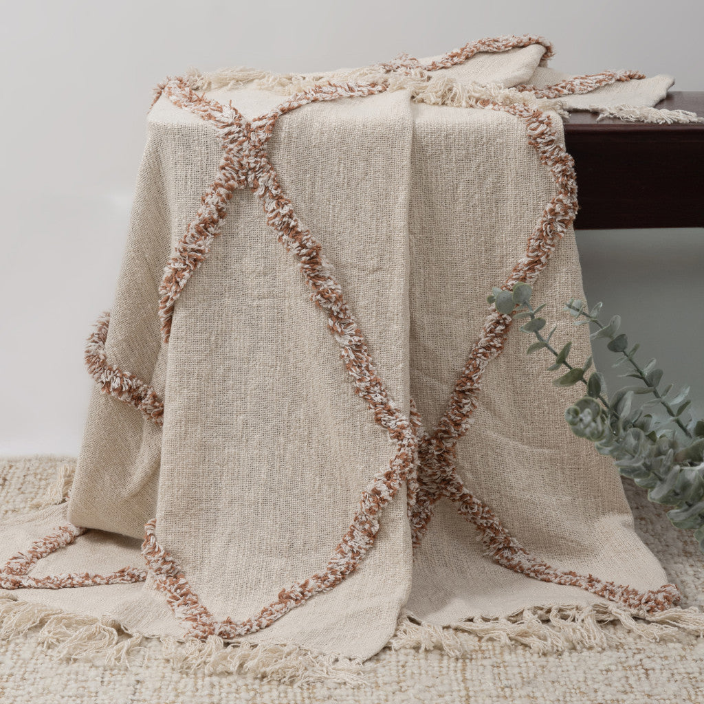 PALISADES 50" X 60" IVORY AND BROWN ARGYLE COTTON WOVEN THROW BLANKET - Varnish & Vibe
