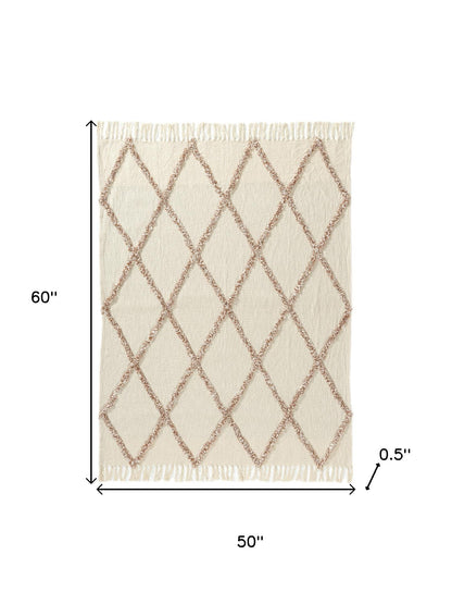 PALISADES 50" X 60" IVORY AND BROWN ARGYLE COTTON WOVEN THROW BLANKET - Varnish & Vibe