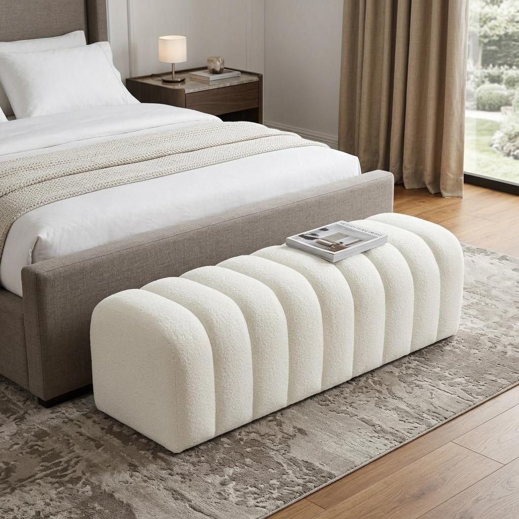 PALISADES 59" WHITE TUFTED BOUCLE UPHOLSTERED BENCH - Varnish & Vibe