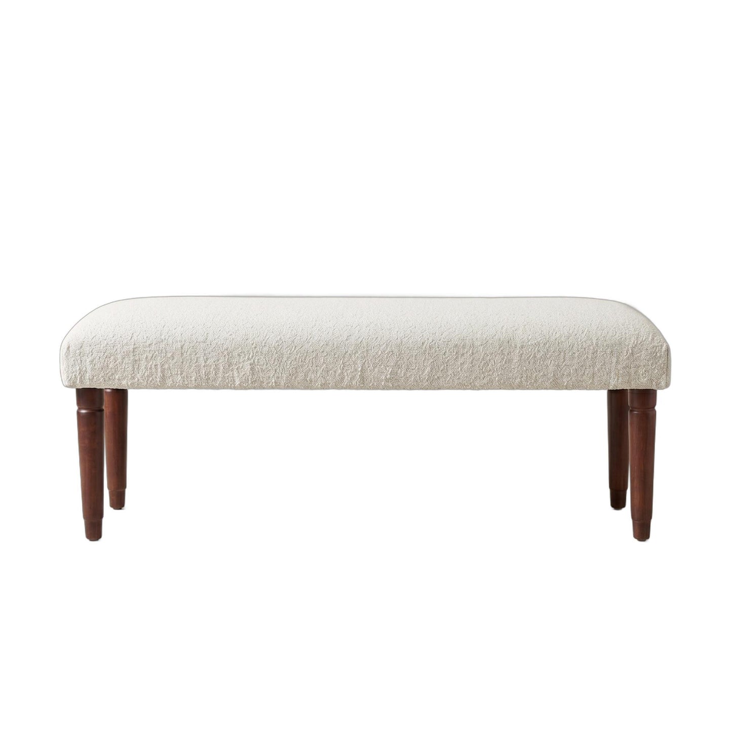Cream boucle upholstered bench with mango wood legs from the Palisades fall collection