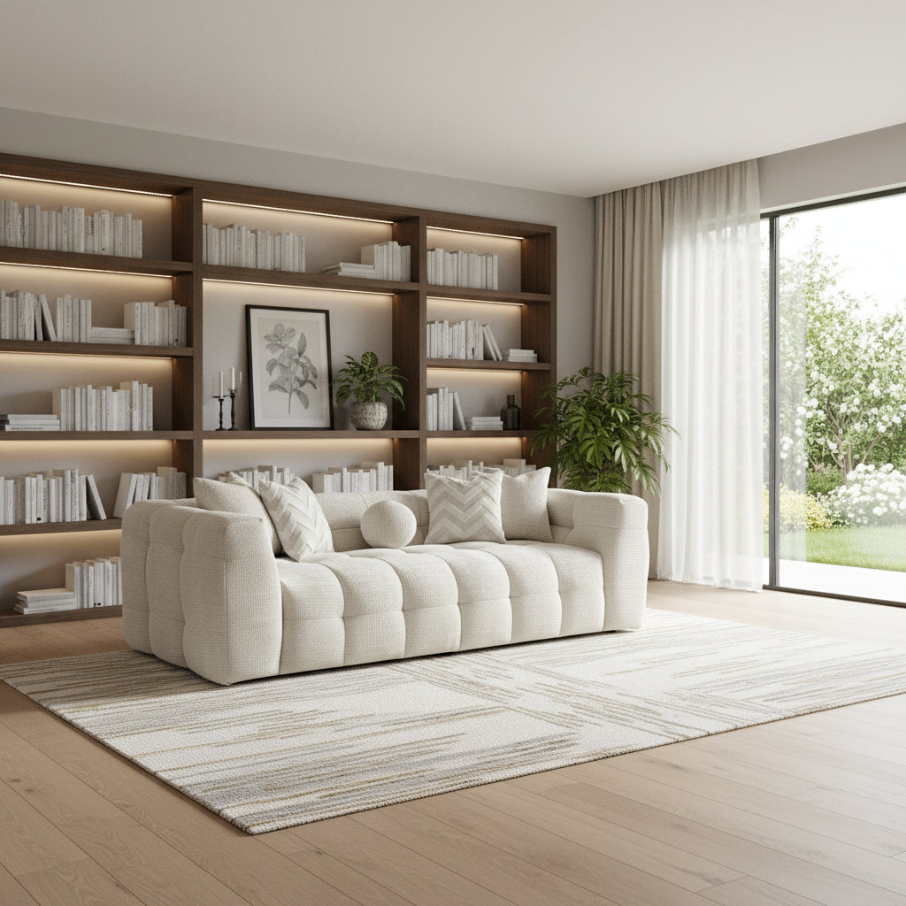 Modern living room with a white sofa, bookshelves, and large windows.